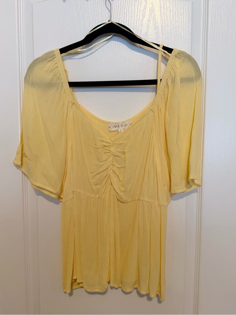 Light Yellow Women's Peasant Top with Ruched Front